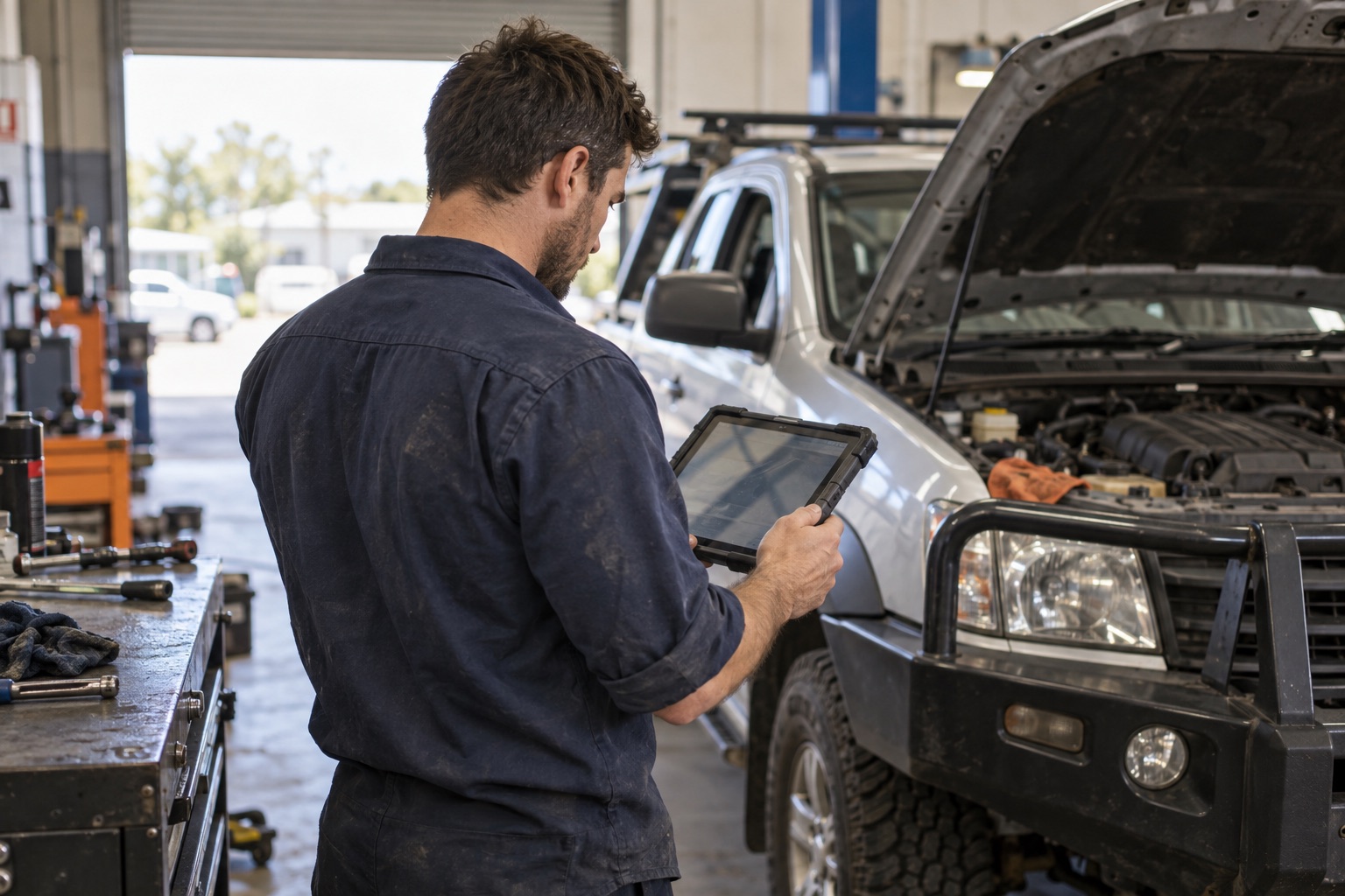 Technician checking a tablet beside a vehicle in a working garage